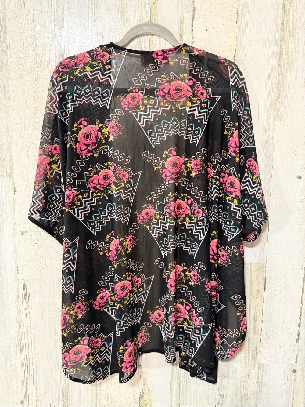 Floral Sheer Kimono Oversized Coverup in Black with Pink Roses - Picture 4 of 7